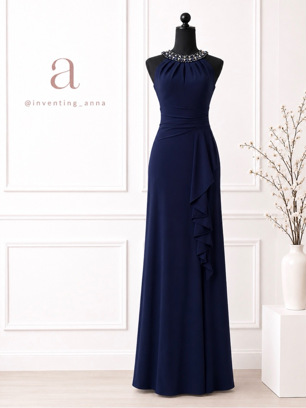 Navy Blue Beaded Halter Gown w/Front Slit and Draped Ruffle Design Key Hole Neck